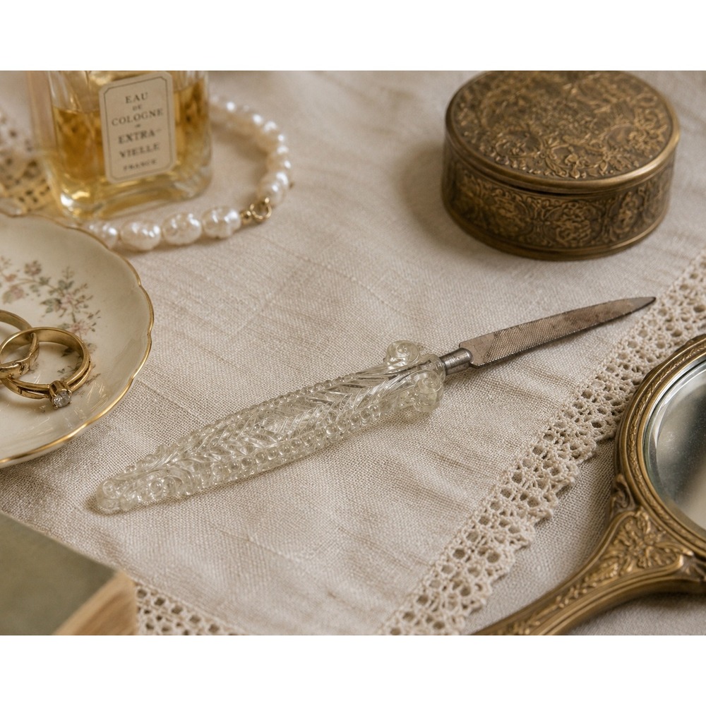 Vintage Ornate Clear Glass Handle Metal Nail File Vanity Manicure‎ Tool